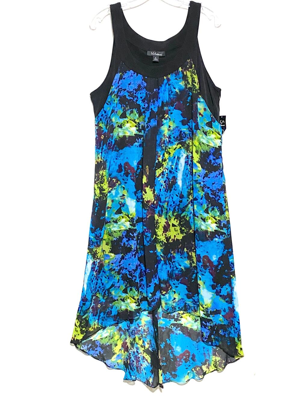 SL Fashions Hi-Low Chiffon Dress Womens XL Blue Green Abstract Watercolor NWT